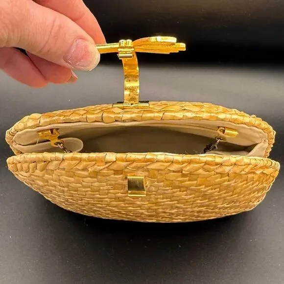 Vintage 1960s Koret Basketweave Natural Gold Handbag Wicker Woven Purse Boho - Picture 7 of 14